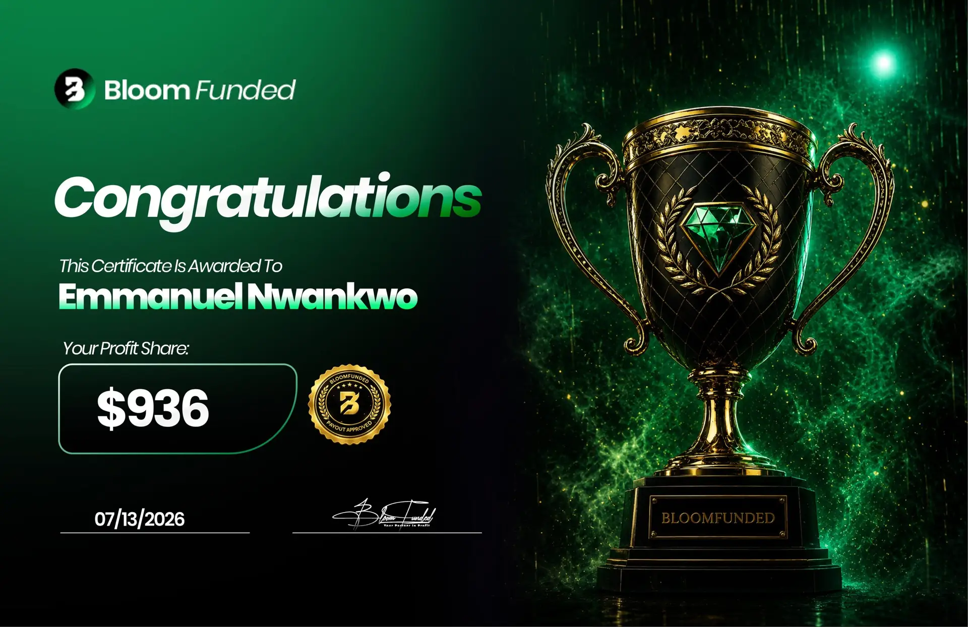 BloomFunded payout certificate awarded to Emmanuel Nwankwo for $936
