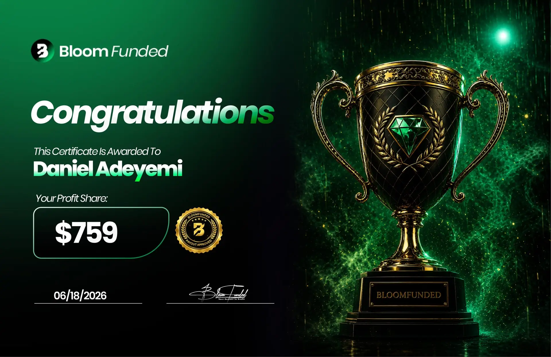 BloomFunded payout certificate awarded to Daniel Adeyemi for $759