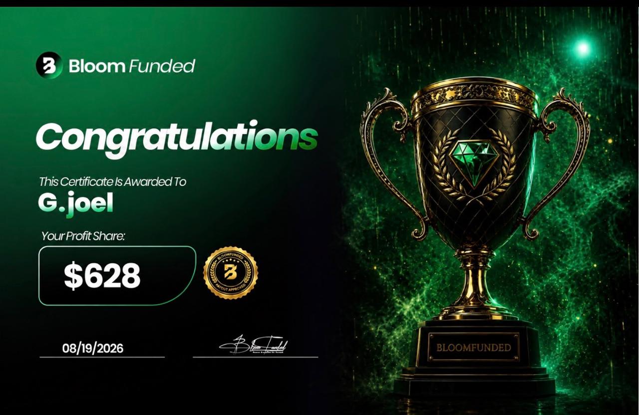 BloomFunded payout certificate awarded to G. Joel for $628