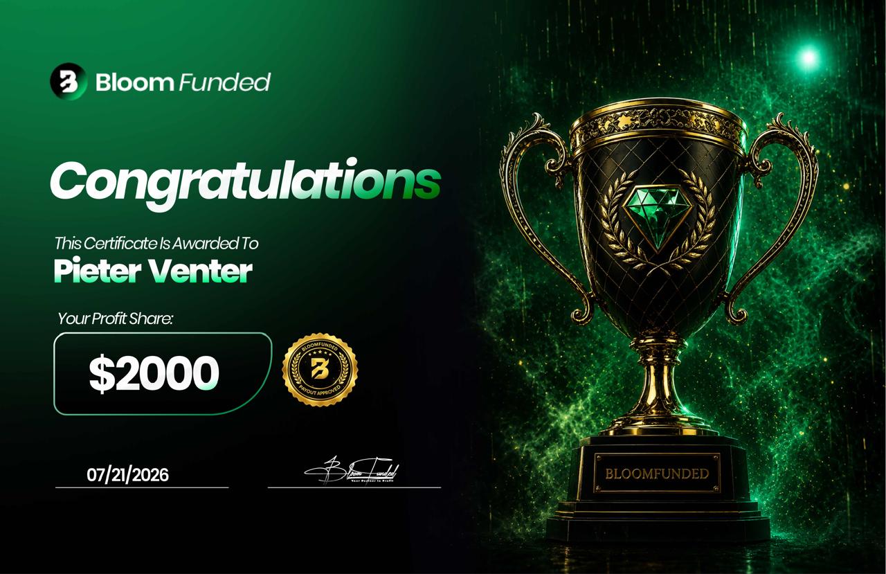 BloomFunded payout certificate awarded to Pieter Venter for $2,000