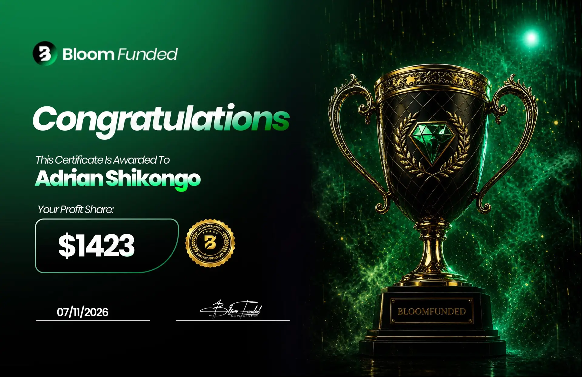BloomFunded payout certificate awarded to Adrian Shikongo for $1,423