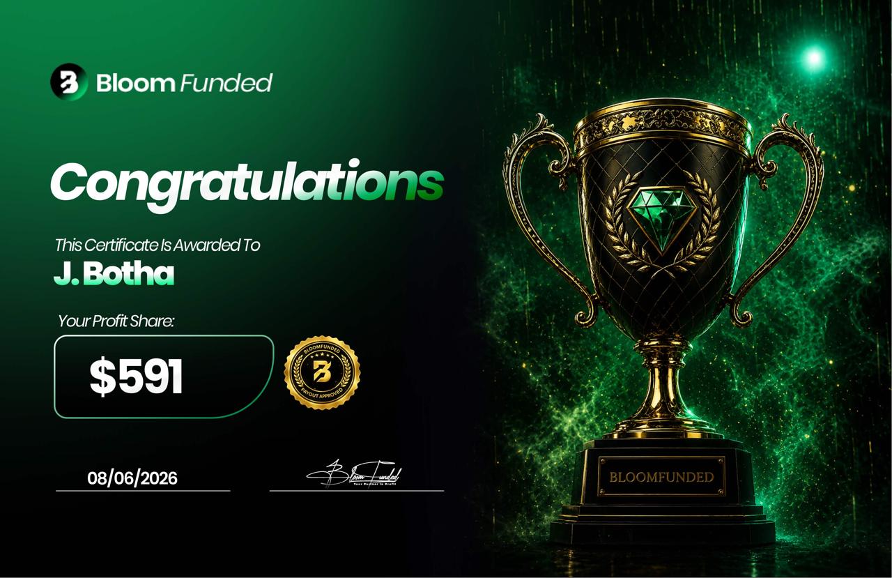 BloomFunded payout certificate awarded to J. Botha for $591